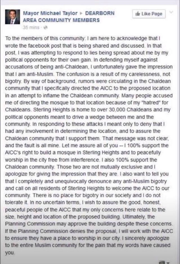 taylor apology to muslims of dearborn community